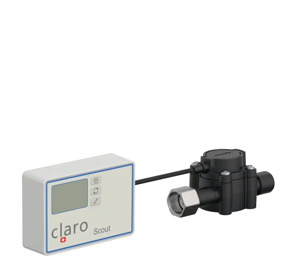 Durchflussmesser von Hansgrohe mit einem anschlussfertigen Sensor und Display, der zur Erfassung des Wasserflusses genutzt wird.